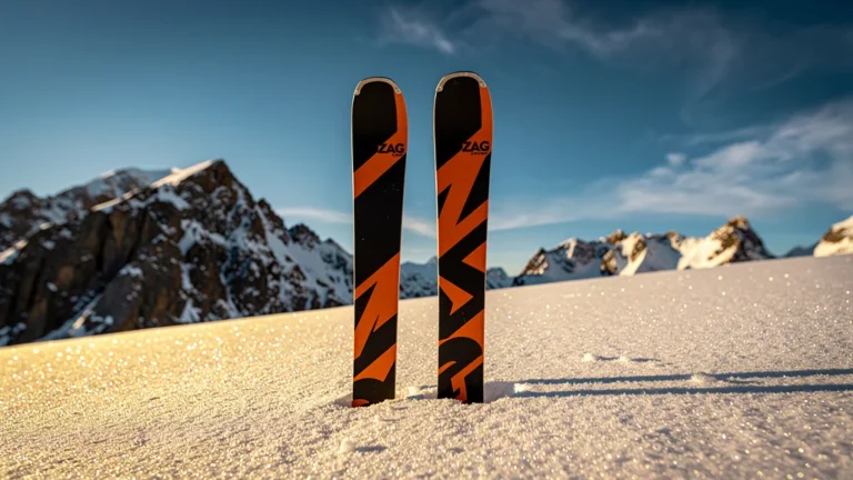 Paire de skis Zag dans la neige fraîche d’une montagne alpine ensoleillée et paysage naturel spectaculaire